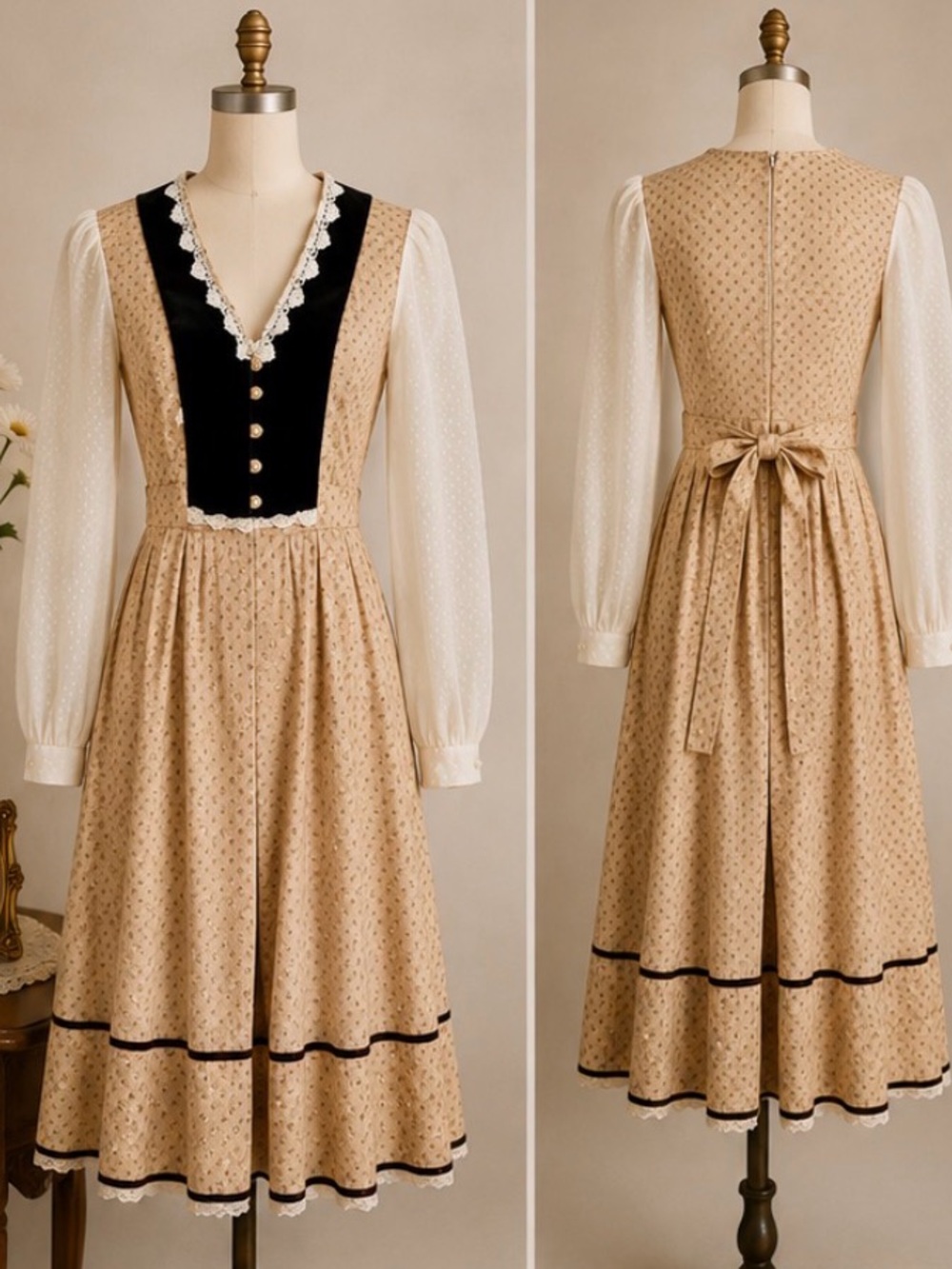 Gunne Sax - vintage 70s prairie dress -velvet bodice - tan calico - XXS - Picture 3 of 13